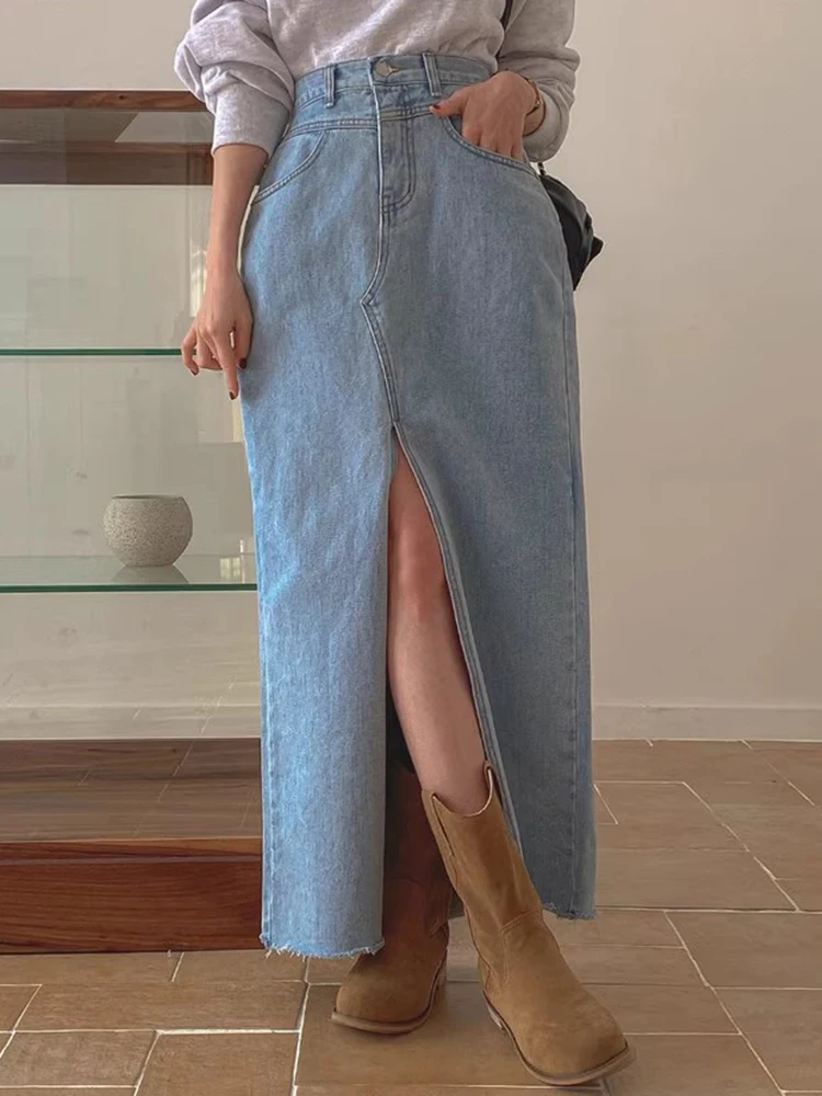 

Шикарная длинная джинсовая юбка с высокой талией и разрезом, женская юбка до бедра в Корейском стиле для поездок на работу, другой материал, другой узор, другое