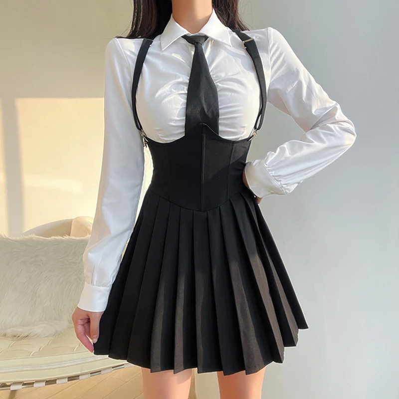 Korean fashion Style Cropped White Short Shirts with Ties Vintage Shrinking folds Blouse Autumn Casual Clothes CF22074GN