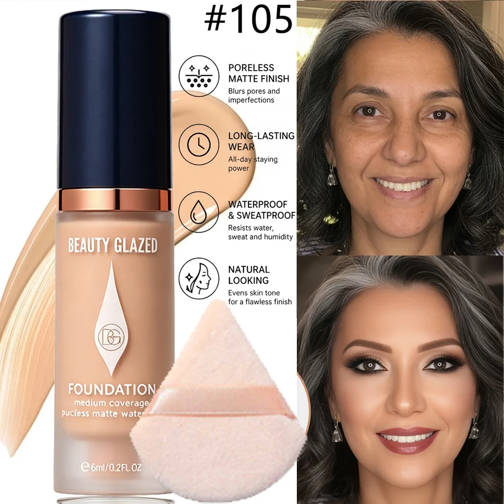 Matte Full-Coverage-Foundation – Erhältlich in 6 Farbtönen, langanhaltendes mattes Finish, wasserfest und schweißresistent, Mini-Reisegröße. – Detail 5