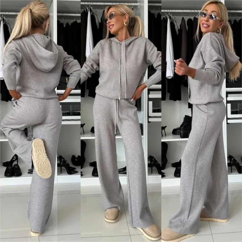 

2025 Winter 2-Piece Pure Color Set Soft Fleece Hoodie & Elastic-Waist Wide-Leg Pants for Cozy Sporty Outfits Streetwear Style