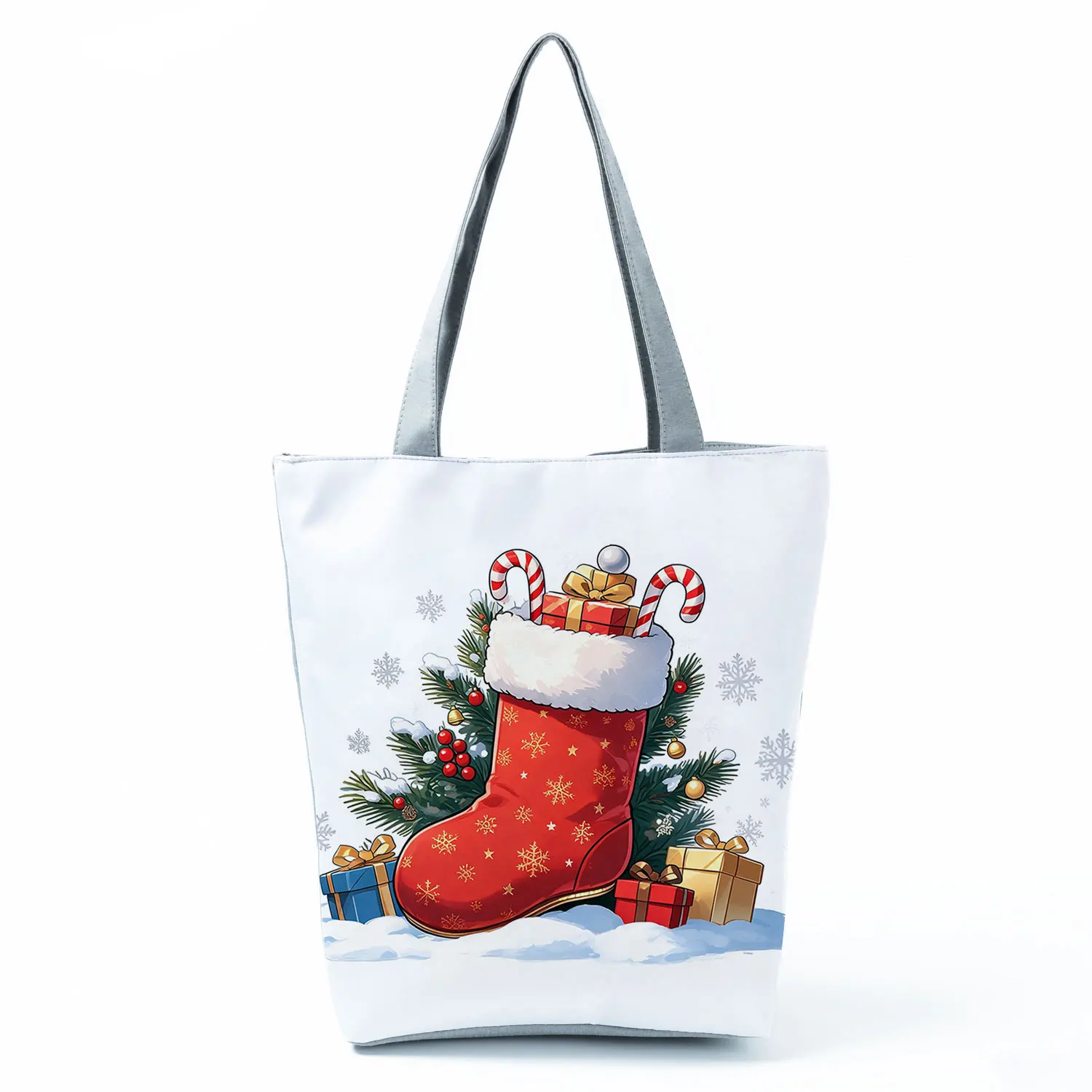 Christmas Stocking Gifts Pine Printed Handbag Women Tote Casual Shoulder Bag Foldable Shopping Bag Portable Bolso Mujer Can DIY