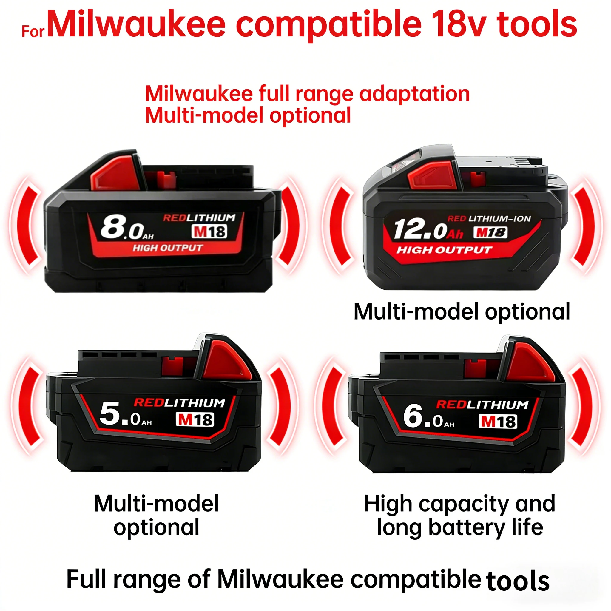 

For Milwaukee M18 M18B6 Replace Original 18V 6.0Ah 8.0Ah 12.0Ah Battery - High Capacity Li-ion, For All M18 System Power Tools