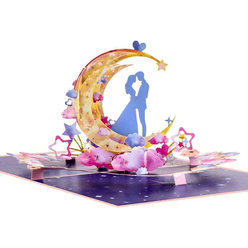 

2Pcs New Valentine's Day Love 3D Pop-Up Card Couple Moon and Star Handmade Paper Cutout Confession Card