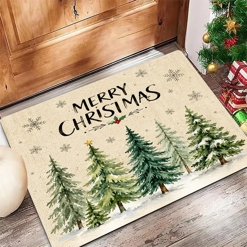 Watercolor Christmas Tree Doormat Merry Xmas Pine Tree Snow Scene Print Entryway Floor Mat for Front Door Indoor Holiday Home
