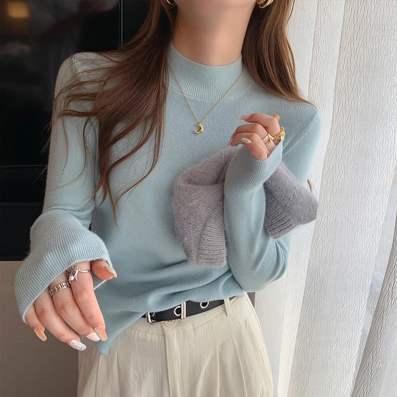 

Однотонные женские топы в корейском стиле, осенне-зимний повседневный свитер с длинными рукавами, элегантный облегающий женский вязаный пуловер с воротником-стойкой