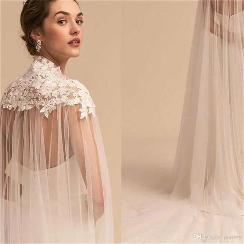 Lace Decal Stand Collar Mesh Shawl Transparent Cloak Buttons Decorative Small Tail Bride Embroidered Lace Shawl Long Wrap