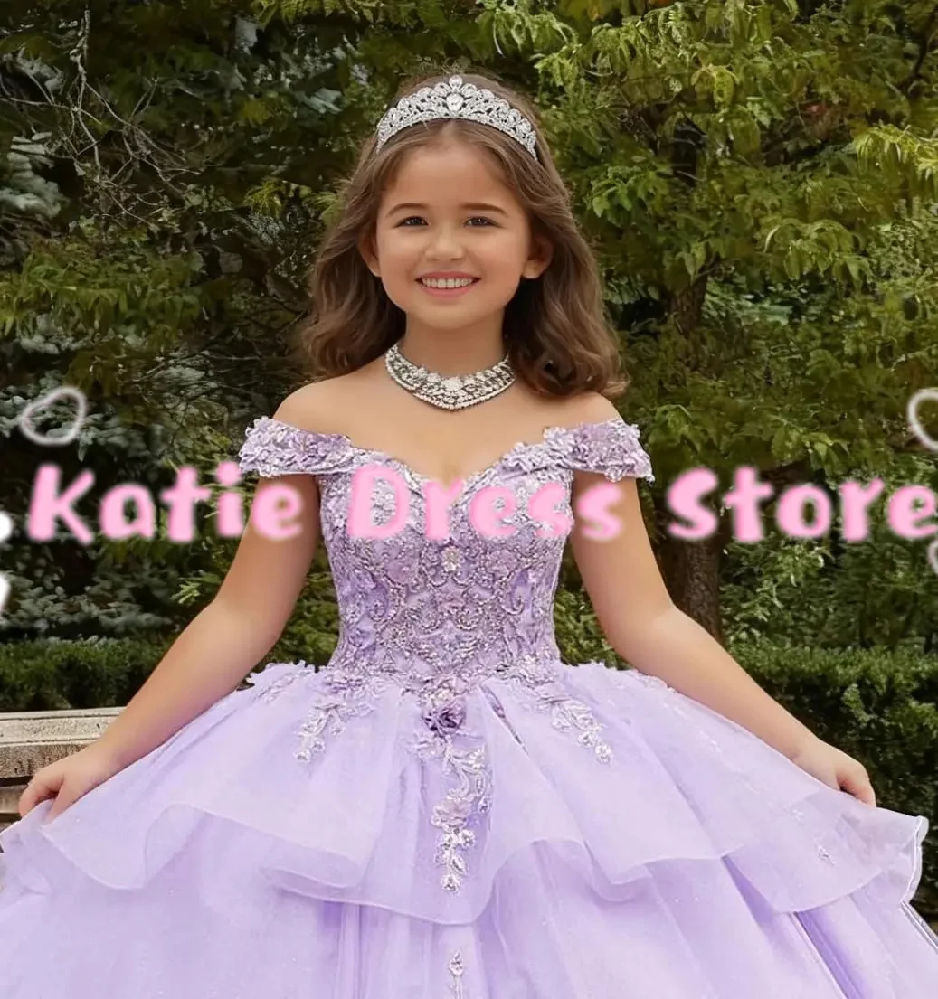 

Customized Flower Girl Dress for Wedding Lace Applique Tulle Puffy Off Shoulder Kids Birthday Party First Communion Ball Gowns