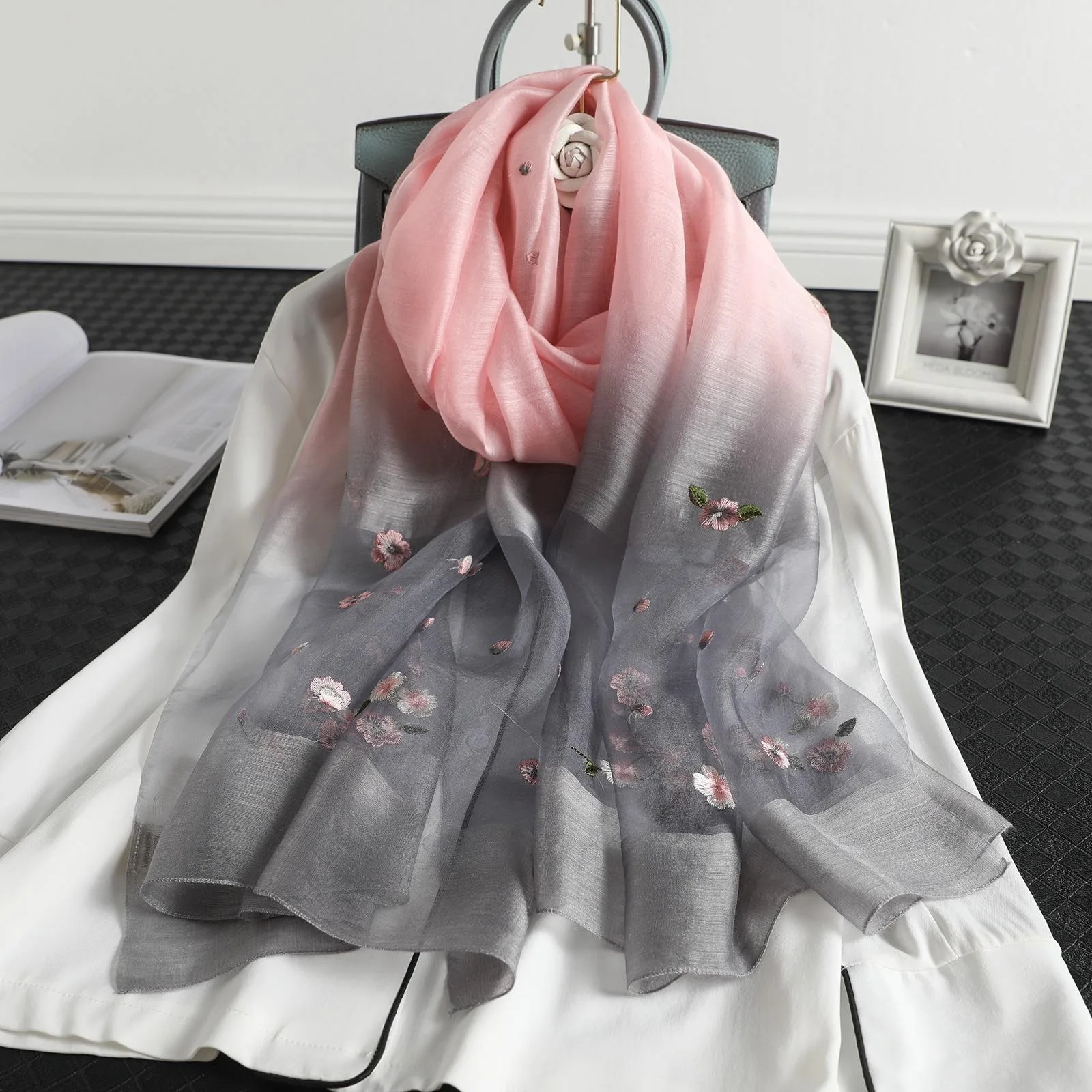 New silk wool silk scarf women mulberry silk embroidery gradual change scarf fashion air conditioner shawl women