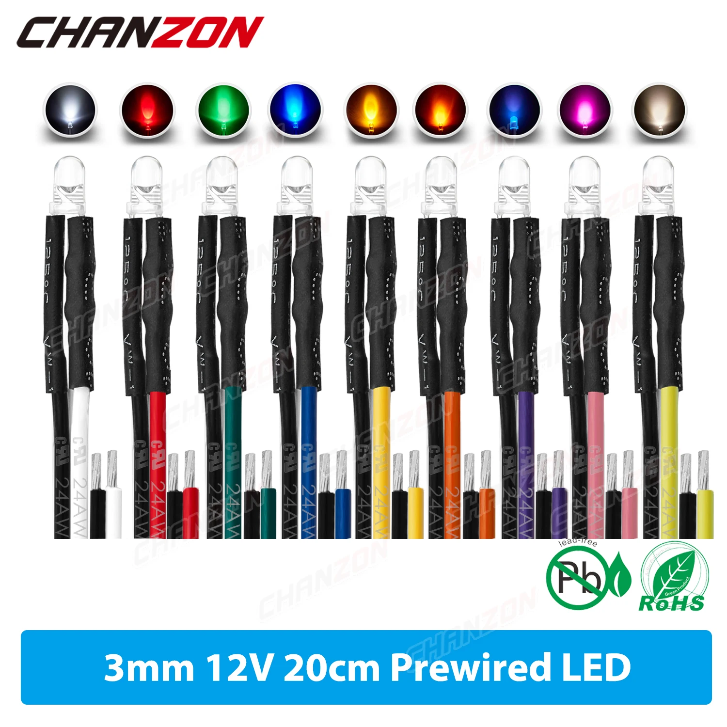 20szt 3mm Dioda LED 12V Ciepły Biały Czerwony Zielony Niebieski Żółty Pomarańczowy UV Fioletowy Różowy RGB Lampa błyskowa Wstępnie okablowana Lampka