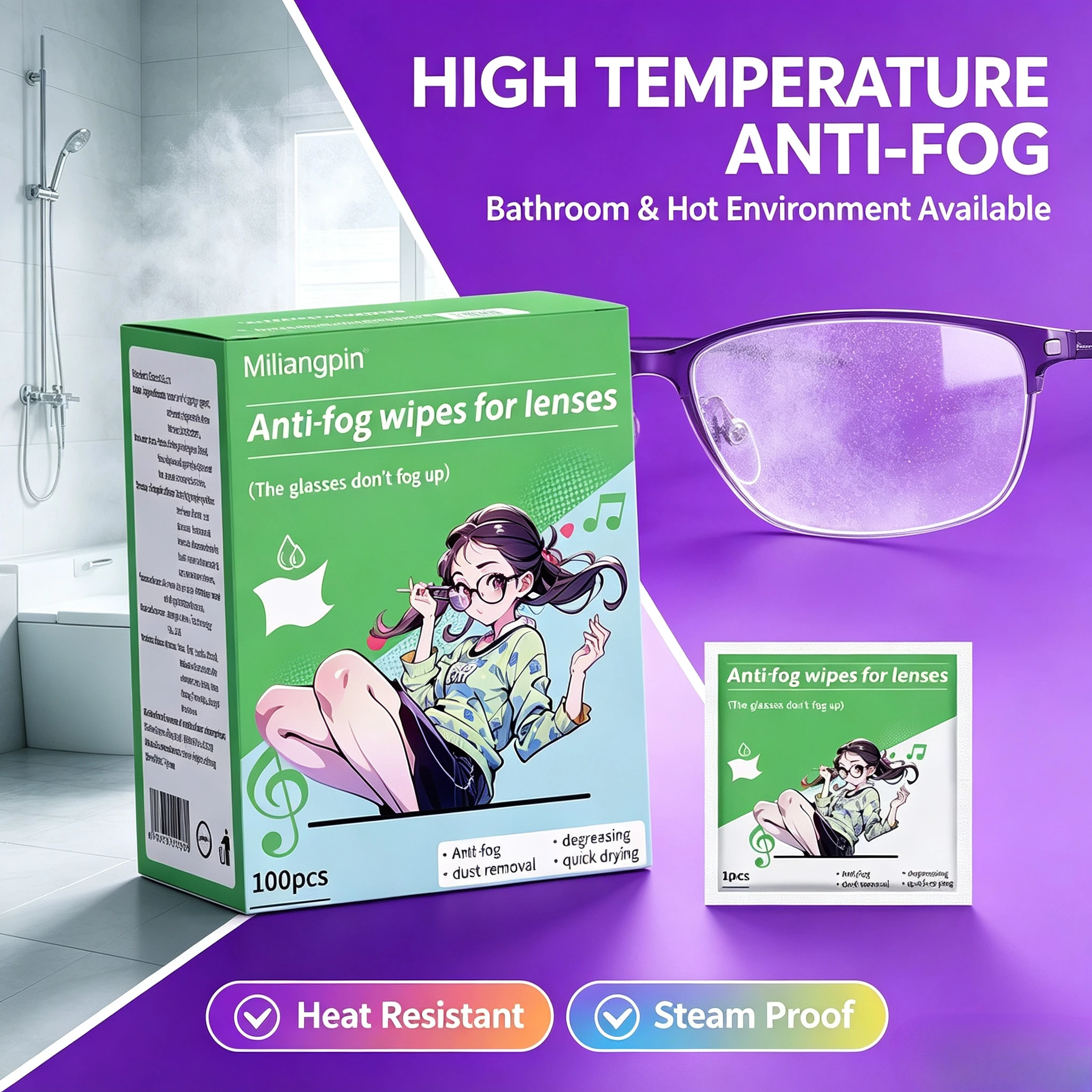 Anti-fog and anti-dust single-use glasses wipes; lens/eyeglass long-lasting clean wipes; portable and easy to carry and