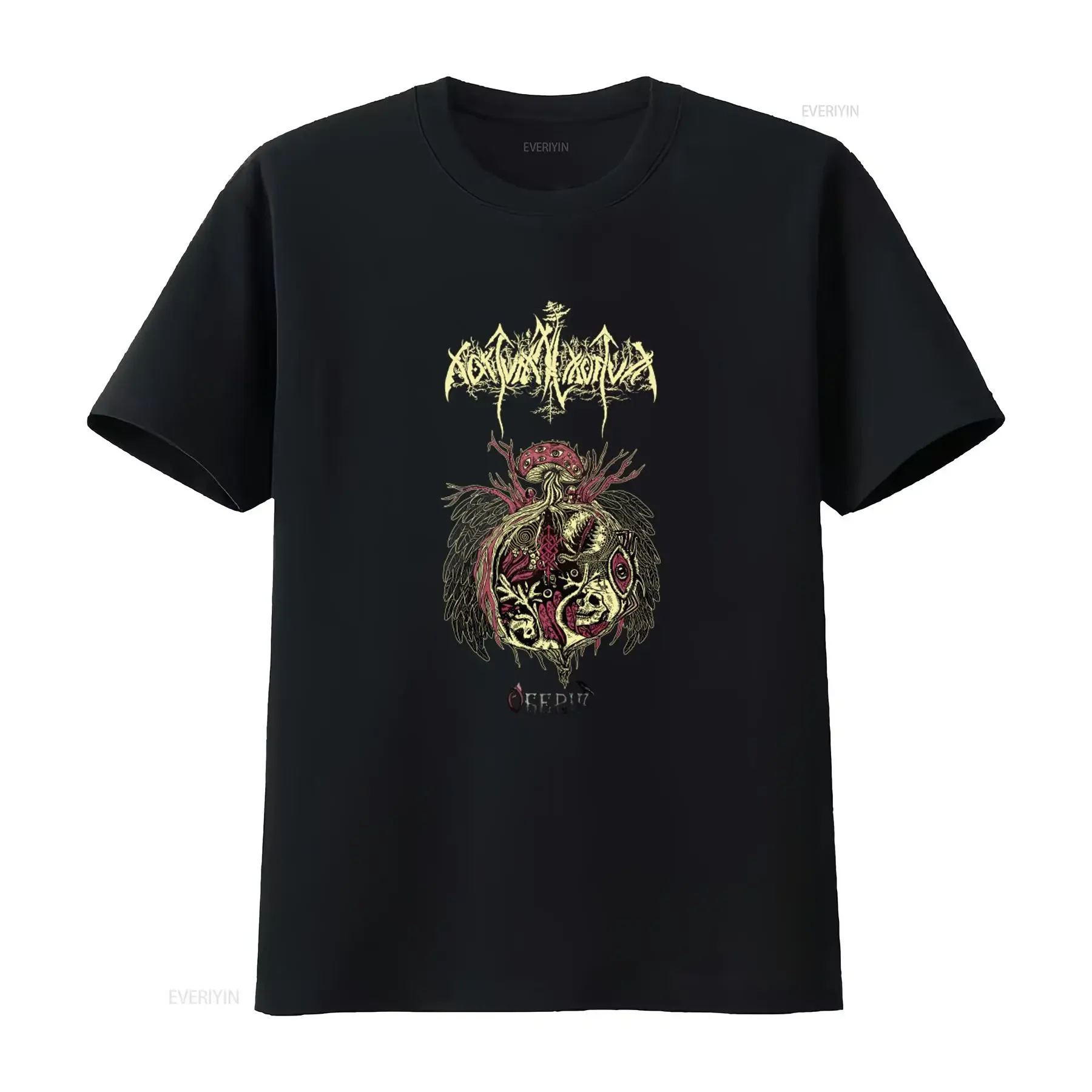 Nokturnal Mortum Oberih Ts Black T Shirt Unique Skull Mushroom Wing Design for Men vintage Washed Top For Everyday Wear