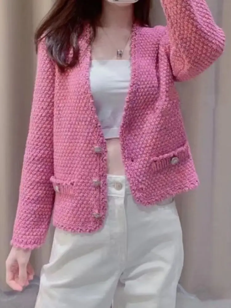 

Women Cardigan Single Breasted V-Neck Long Sleeve Vintage Spring 2024 Sweater