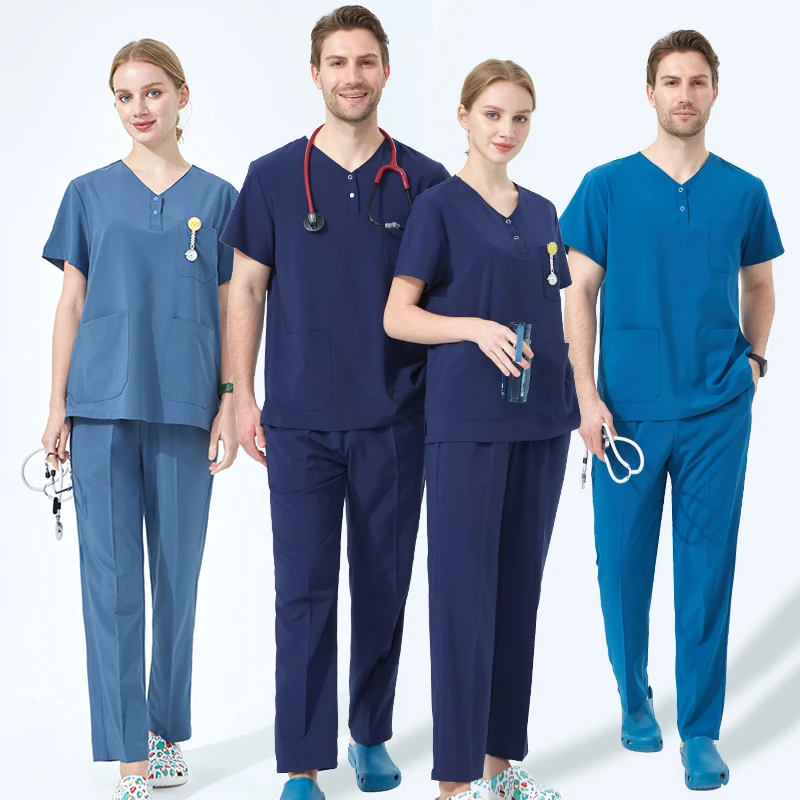 4-way Stretch Nursing Scrubs Medical Clinical Tunic Set Navy Women Men Doctors Nurses Outfit Suit Dental Surgical Uniforms S06