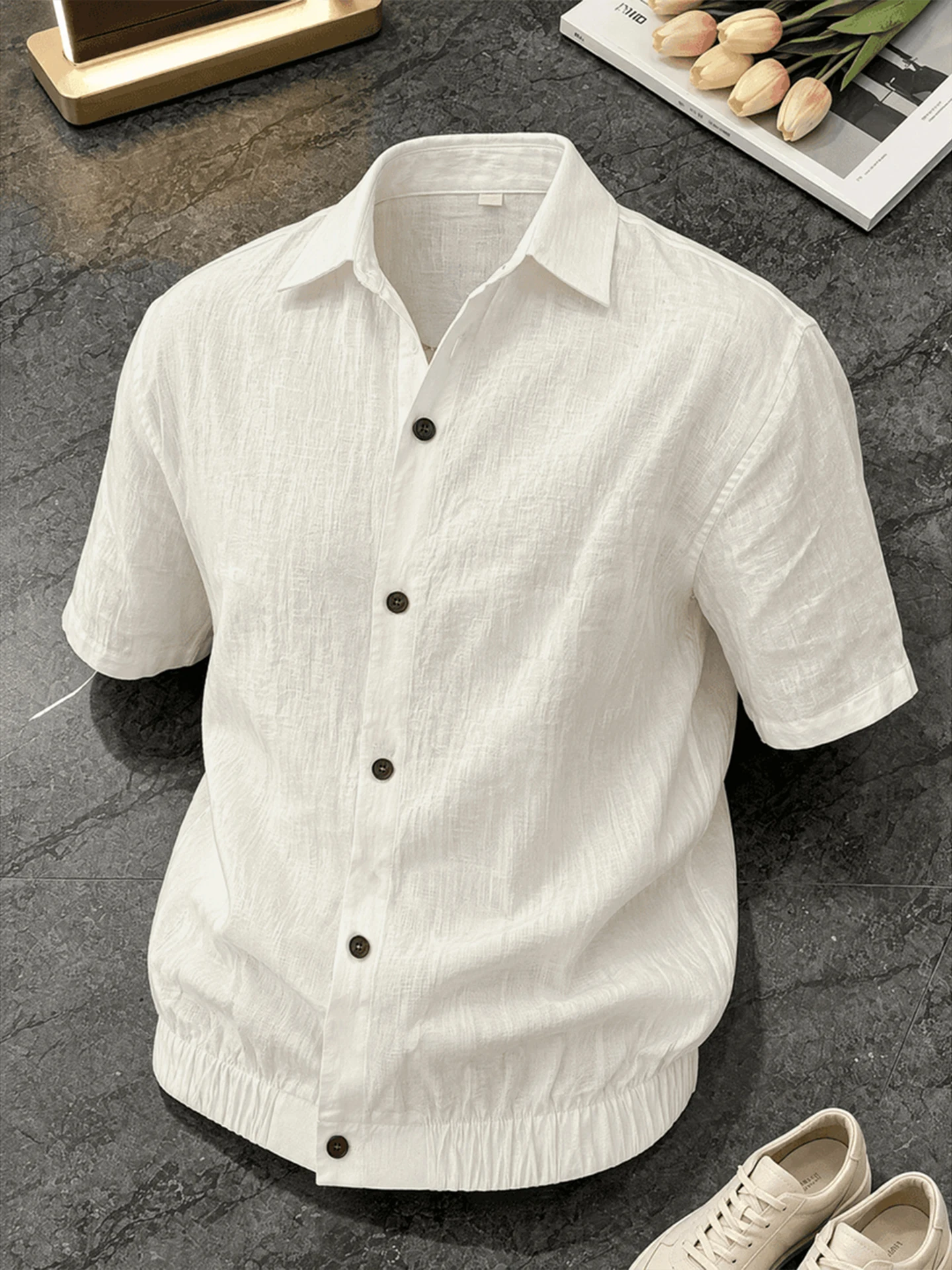 

Linen Short Sleeve Shirt Men's Summer Breathable Casual Style Button up Loose Fit Regular Length Youth And Couple Friendly