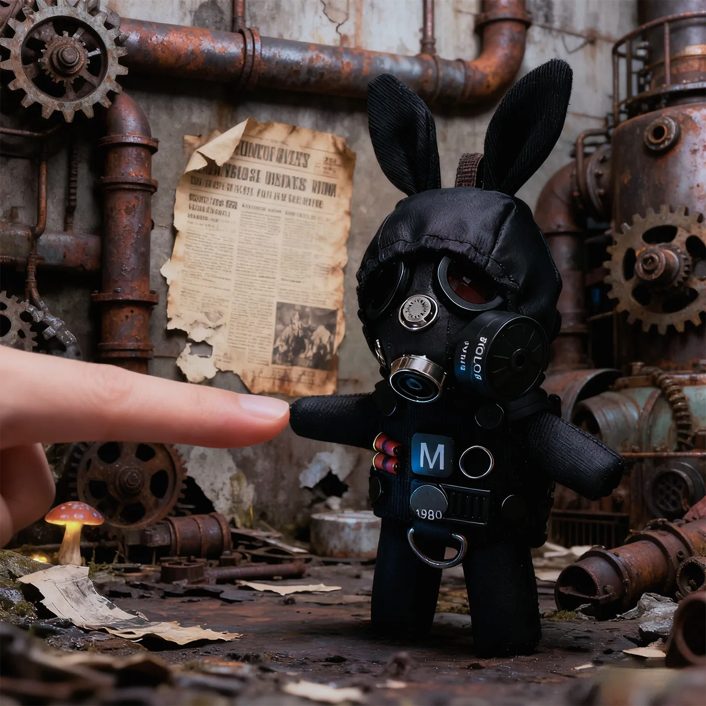 Cyberpunk Gas Mask Rabbit Plush Doll Keychain Dark Black Military Style Backpack Hanging Ornament Unique Creative Gift