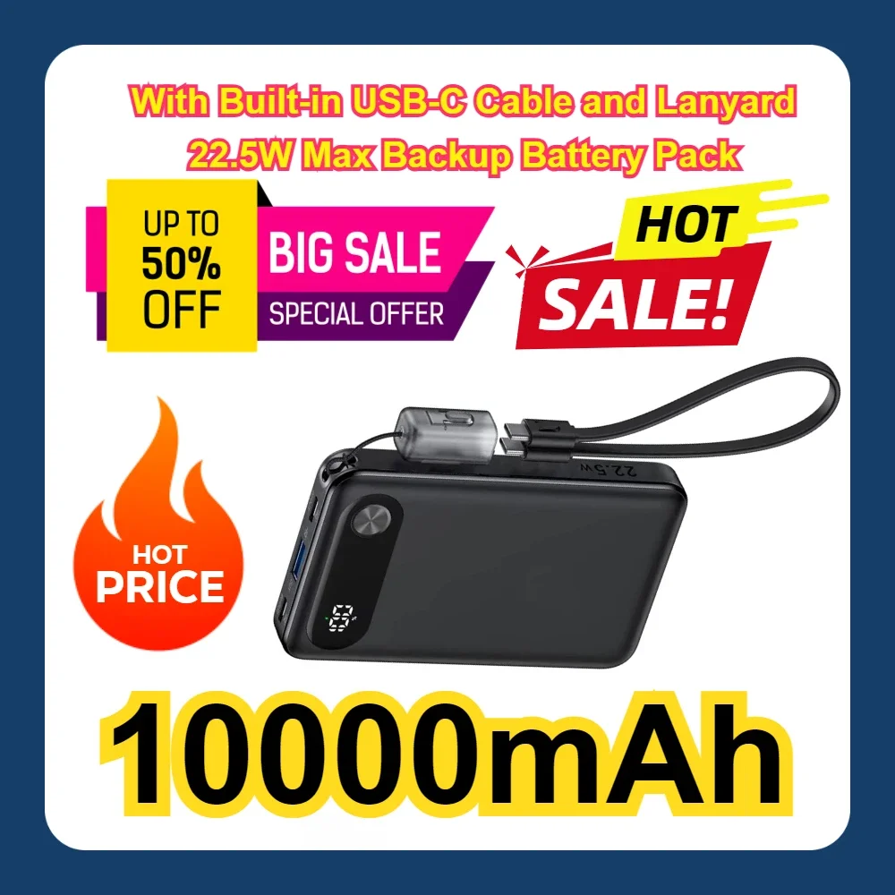 

10000mAh Portable Power Bank With Built-in USB-C Cable and Lanyard 22.5W Max Backup Battery Pack