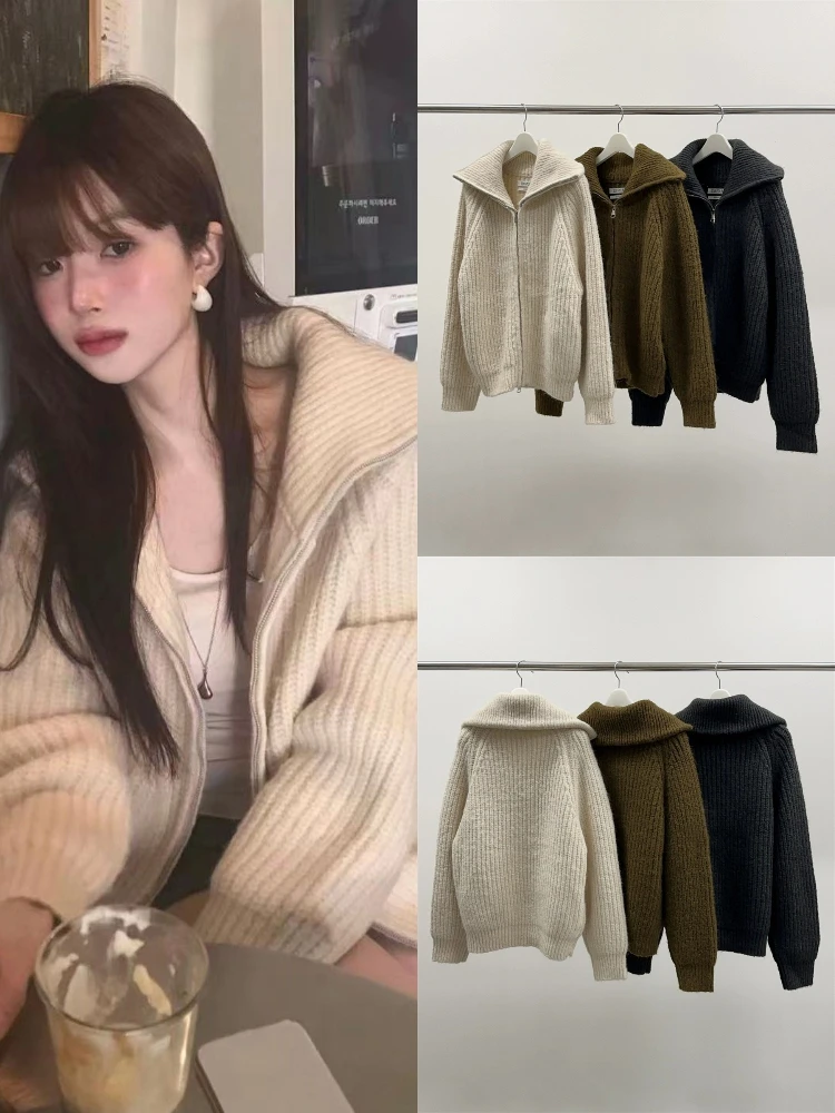 

Вязаный открытый кардиган с воротником-молнией, женский мягкий нежный свободный свитер, верхняя одежда, длинный свеч, осенняя мода