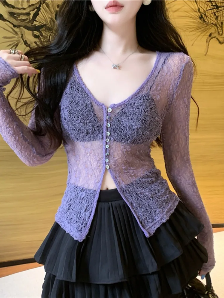 

Сексуальный прозрачный кружевной кардиган с открытыми элементами, женский, с защитой от солнца, с длинными рукавами, V-образным вырезом, укороченный, однотонный, модный, летний