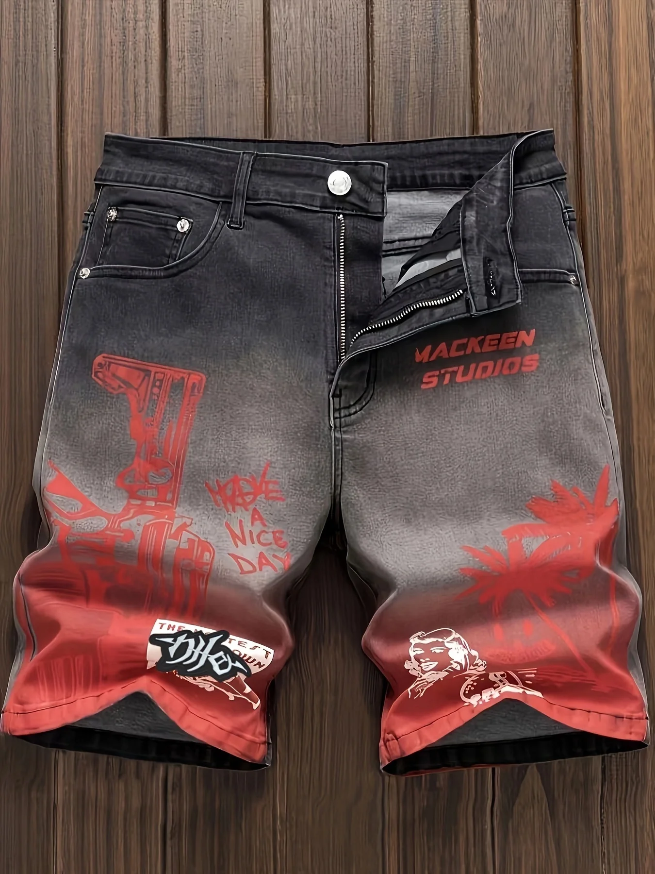 Men\'s Anime Figure Trees Graphic Print Denim Shorts For Summer Stylish Casual Jorts Figure Trees Graphic Print Denim Shorts