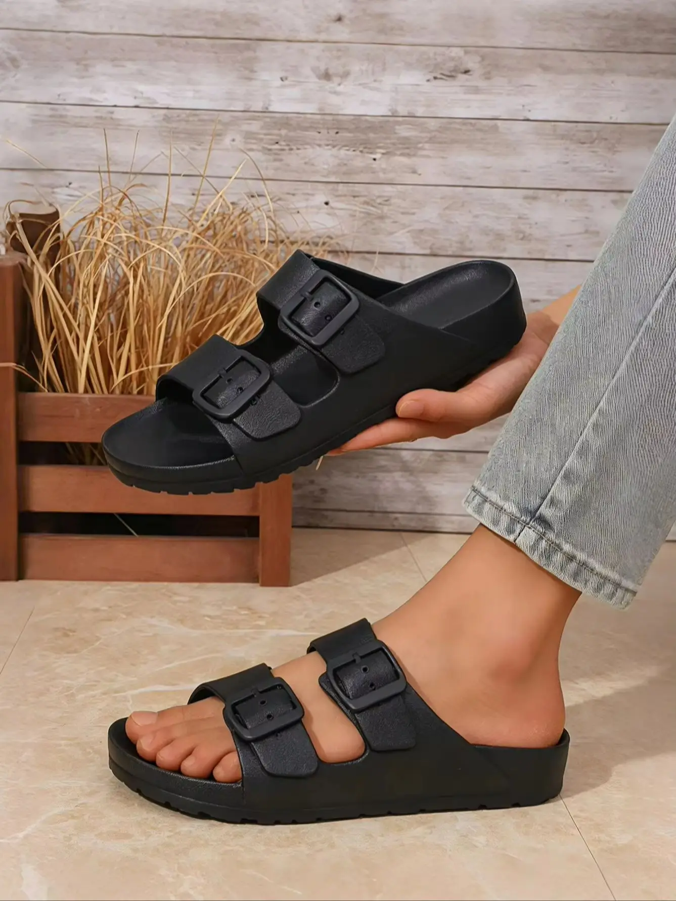 Men's couple's spring and autumn simple bohemian style EVA slip-on sandals with integrated upper, double-strap buckle, adjustable, comfortable, breathable, thick-soled, flat-heeled, suitable for both outdoor and indoor
