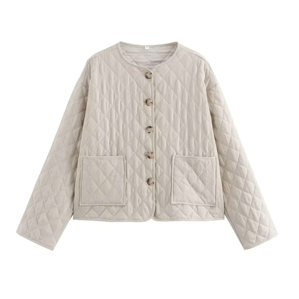 Versatile slimming short diamond patterned quilted short cotton jacket with cocoon shaped round neck loose fitting thin cotton j