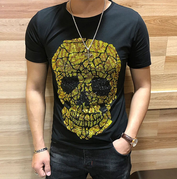 

Summer European Station Heavy Craft Gold color Skull Short Sleeve T-shirt Men Mercerized Cotton Bottom tShirt top quality F74