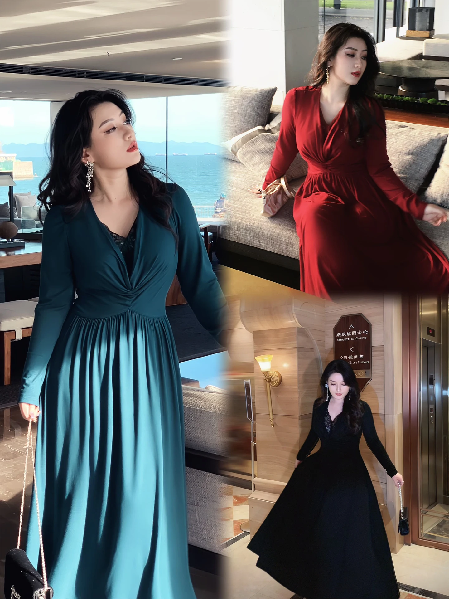 

Slimming V-Neck Long Sleeve Knitted Dress Elastic French Style plus Size Women's Dress Q8593 Body Shaping Dress for Ladies