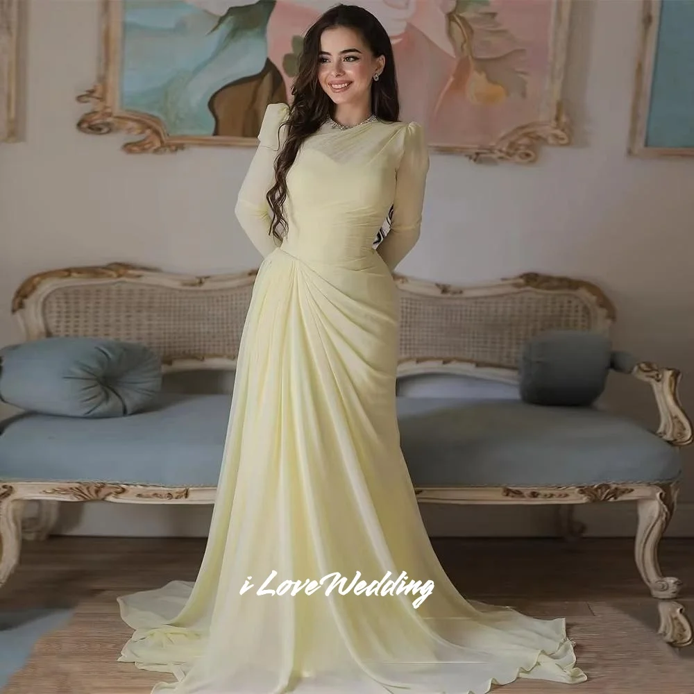

Yellow Chiffon O-Neck A-Line Long Sleeve Beaded Prom Dresses Saudi Arabia Sweep Train Party Dress Floor-Length Pleated Customize