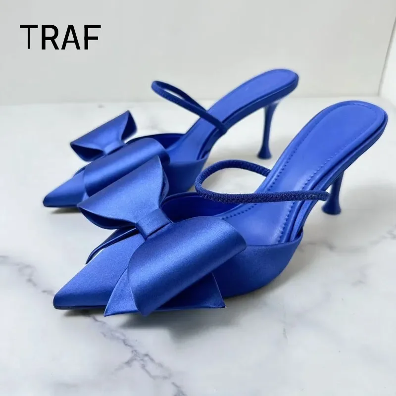 

TRAF New Blue Bow knot High Heels Sandals Women Summer Slingback Pumps Vintage Satin Pointed Heeled Elegant Party Lady Shoes