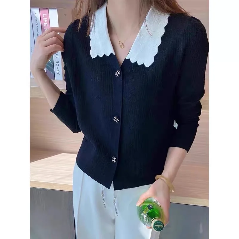 Women Clothing Solid Knitwear Spring Daily Casual Commuting Simple V-neck Fashion Short Sweaters Chic Button Cardigan Tops