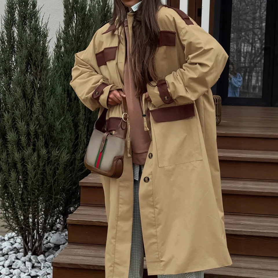 

Vintage Contrasting Trench Coat Jacket Women's Fall and Winter Workwear Casual Versatile Khaki Lapels Long Sleeve Long Coat