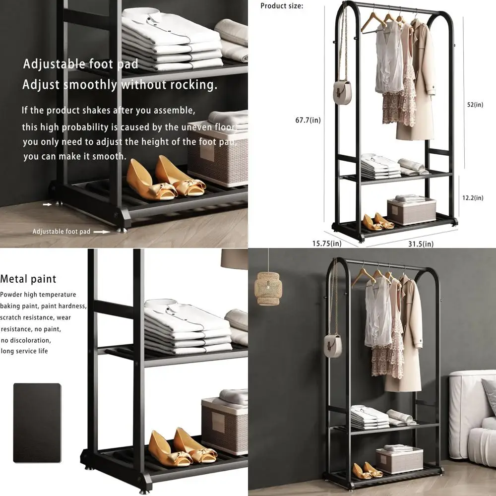 

Металлическая вешалка для одежды с нижними полками и 6 крючками, черная, для организации гардероба в спальне или шкафу (31,5 дюйма)