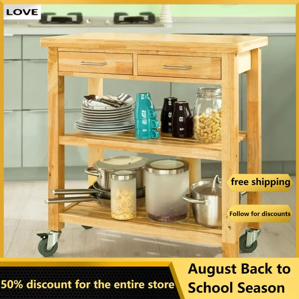 

Rubber Wood Kitchen Trolley Cart with 2 Drawers and 2 Shelves, Kitchen Storage Trolley with Wheels