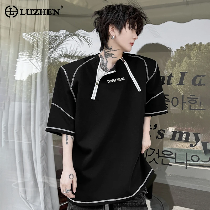 LUZHEN Metal Zipper Splicing Design Personality Trendy Short Sleeved T-shirts Original Korean Men's Stylish Street Tops LZ2601