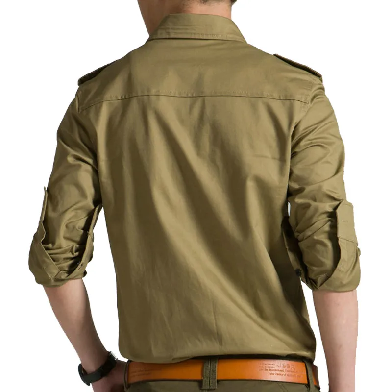 Drop Shipping men military  long sleeve slim fit camisa masculina khaki army green cotton shirt AXP218