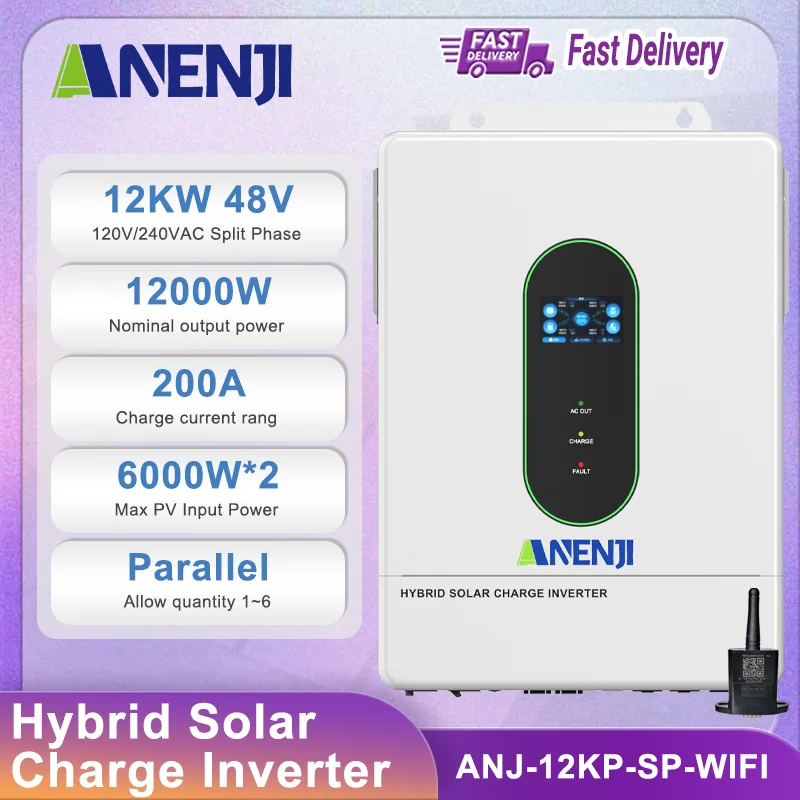 Anenji 12KW 48V 110V/120V Split Phase Solar Inverter Hybrid MPPT 200A Three phase Max Parallel 6 Solar Charger Inverter With CT