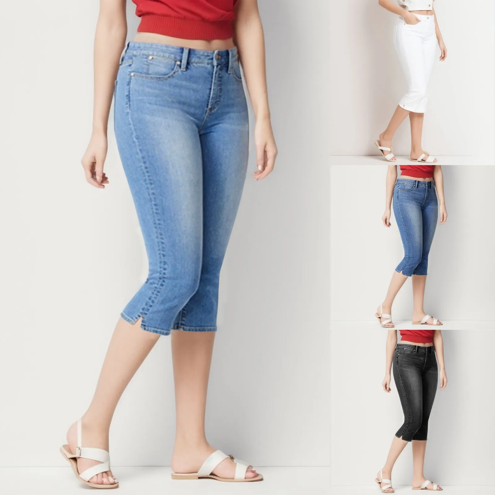 

Summer Woman's Jeans Cropped Jeans Ladies Cropped Trousers Skinny Knee Length Jeans Women Elastic High Waist Mom Jeans Oversize