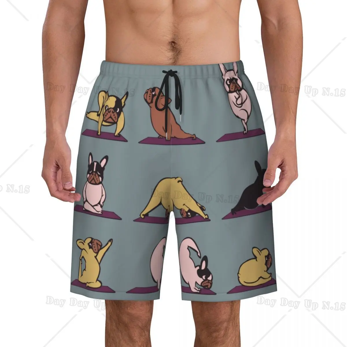 French Bulldog Yoga Print Mens Swim Trunks Quick Dry Swimwear Beach Board Shorts Frenchie Dog Lover Boardshorts