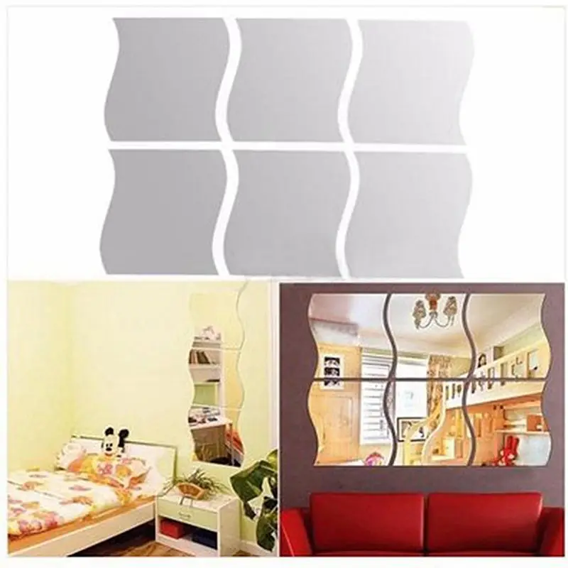 6Pcs Mirror Wall Wall Style Square Sticker With Pattern Of Silver Waves Nursery Decoration