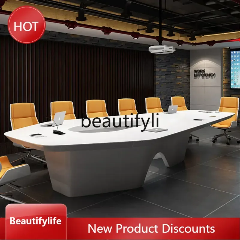 

Asmt14 ss Simple Large Conference Table, Irregular Shape Meeting Room Table, Lacquered White Training and Discussion Table, Cust