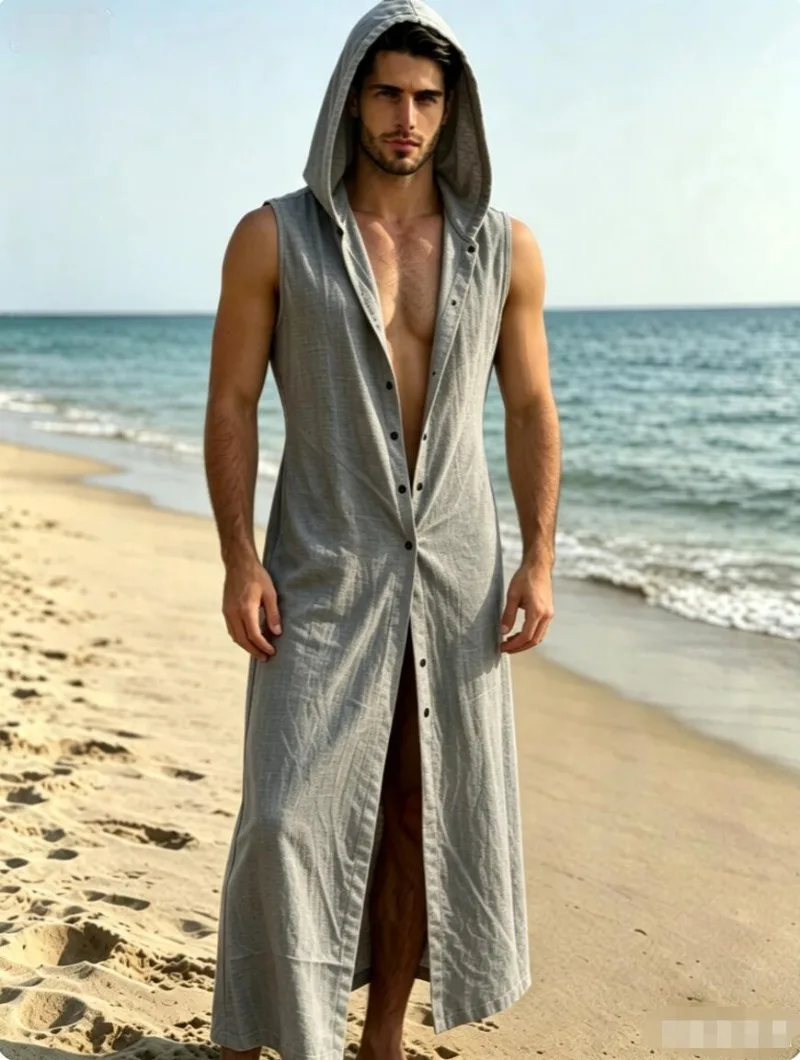 Men's Sleeveless Hooded Long Cardigan Button Down Beach Coverup Long Robe Casual Summer Male Vacation Sleeveless Tunic Coat