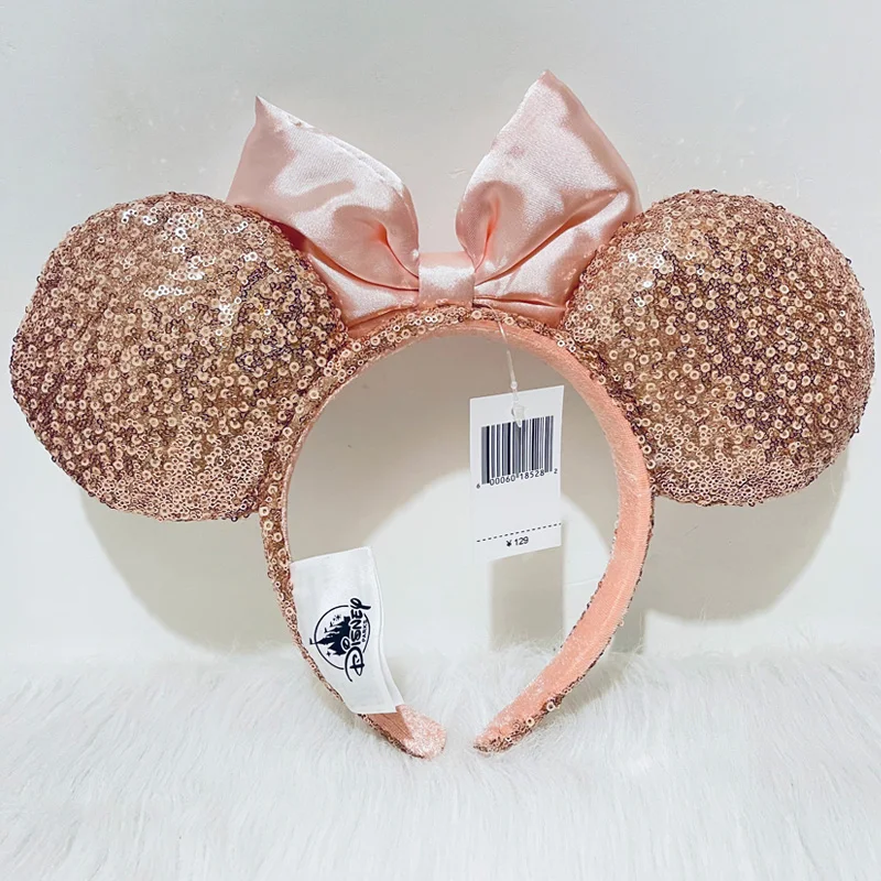 Disney Rose Gold Sequins Ear Headband For Adults Headband Mickey PP Cotton Headband Minnie Silk Bow Ear Accessories Headwear