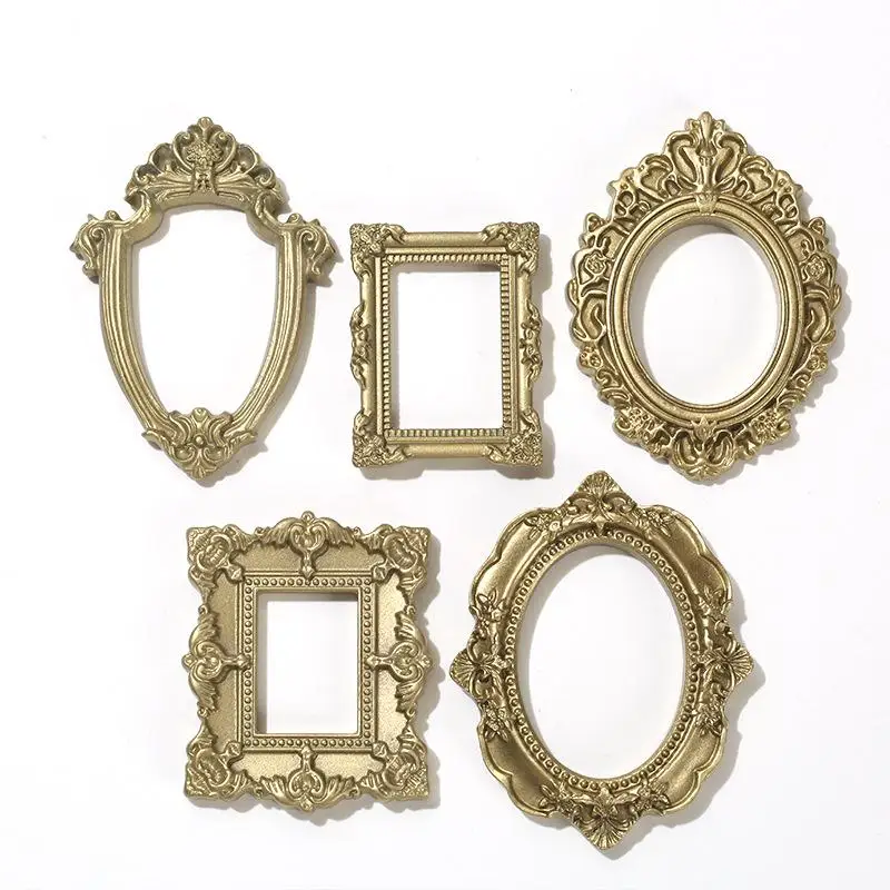 【HG】5Pcs Miniature Picture Frame Decor Accessories Small Gold Resin Frames Mini House Nament Photo Props Vintage Charm Frame