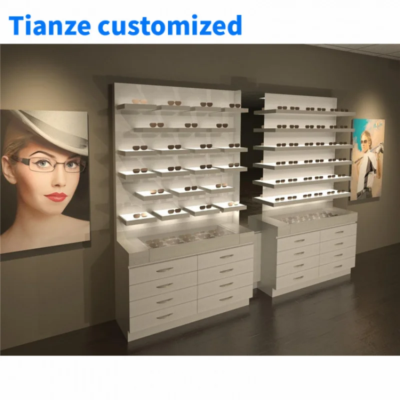 （customized）Modern Retail Optical Shop Wooden Floor Standing Locking Counter Cabinet Stand Customized High End Sunglasses D