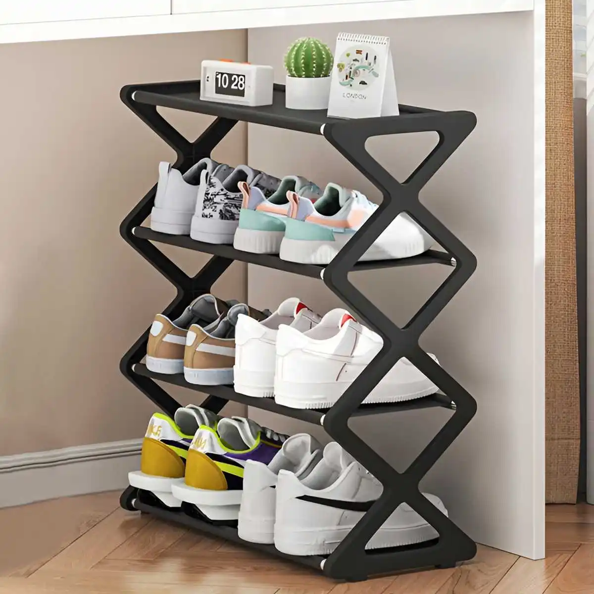 Beliebtes 4-stöckiges X-förmiges Schuhregal, Multifunktionales Staubgeschütztes Aufbewahrungsregal für Eingangsbereiche, Flure und Schlafzimmer – Detail 12