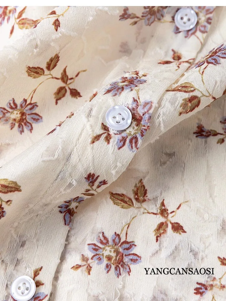 Coix Seed Color Floral Semi Transparent 100% Natural Mulberry Silk Sun Protection Cut Silk Shoulder Sleeves Mid Length Cardigan