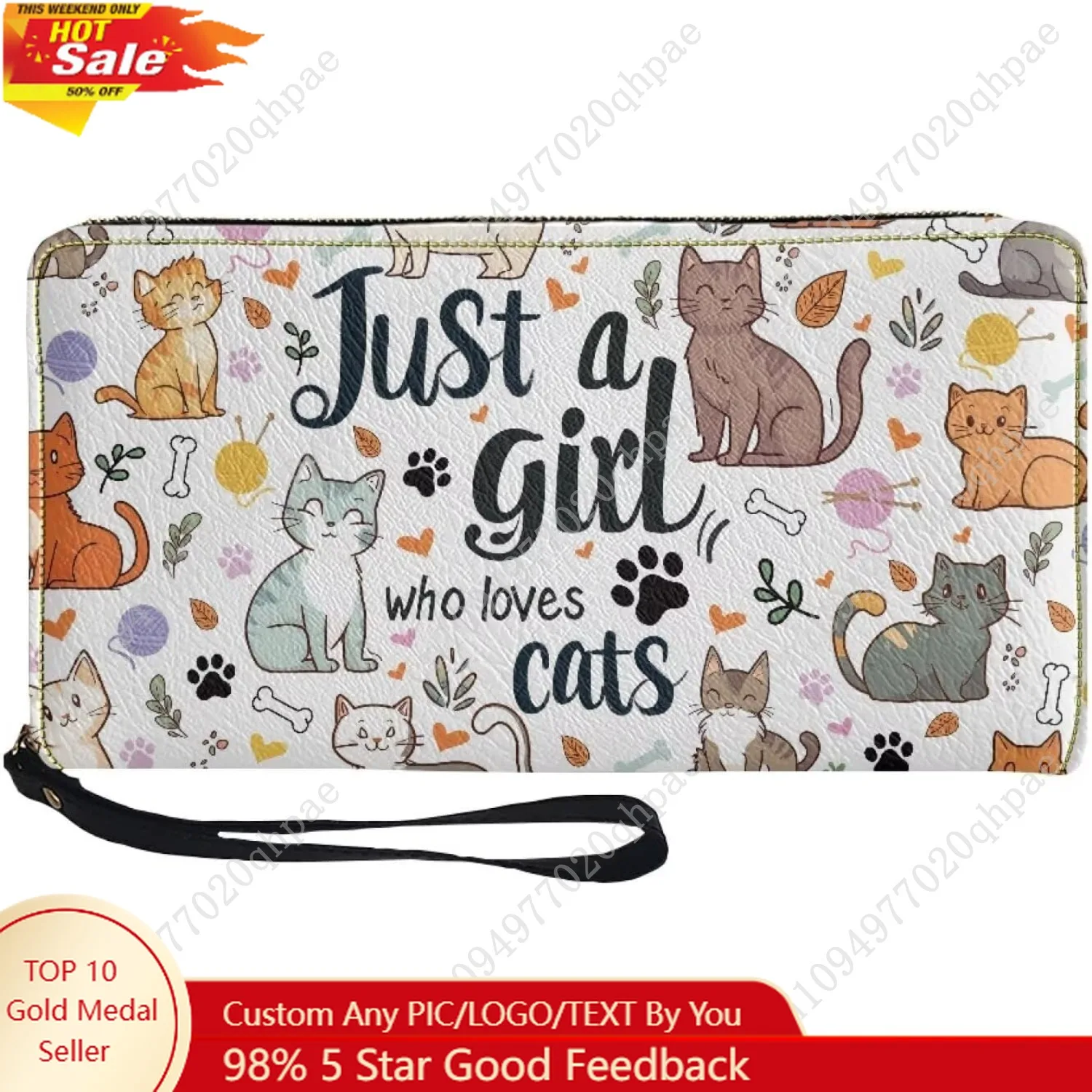 محفظة نسائية طويلة مع معصم سعة كبيرة وسحاب معدني ومحفظة هاتف لطيفة على شكل قطة - فتاة تحب القطط مطبوعة من جلد البولي يوريثان