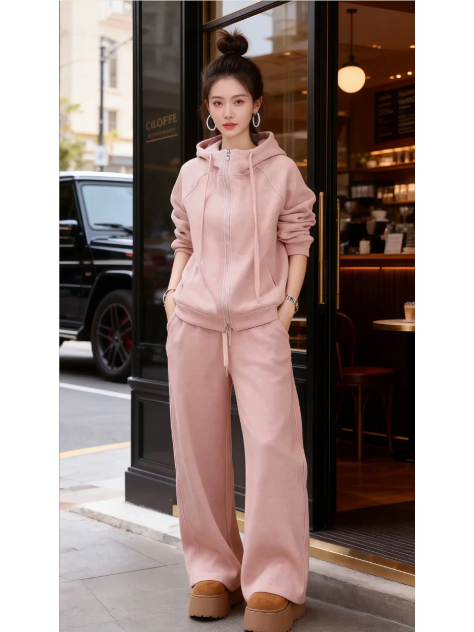 

Thiened Fce Pink Casual Sports Set Women's Winter New Warm Hoodie Wide Leg Pants Two Piece Set Breathable High Waist