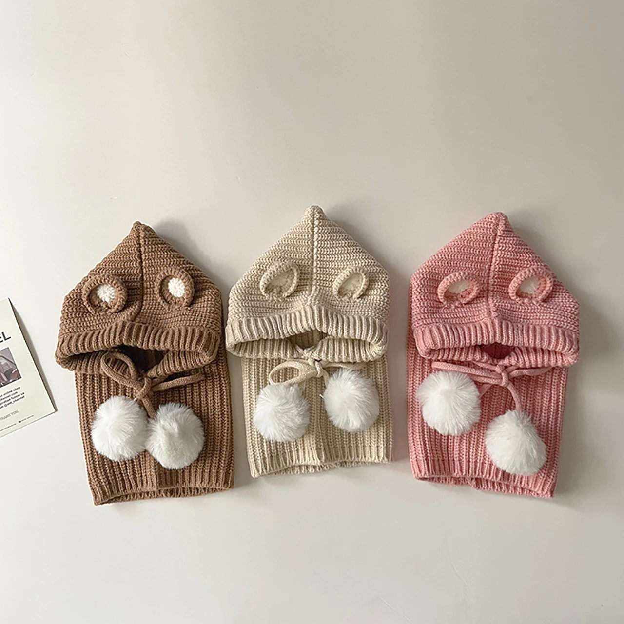 

Cute One Piece Scarf Hat for Baby Winter Warm Knitted Balaclava Cap Korean Pompom Children Hooded Beanie Caps