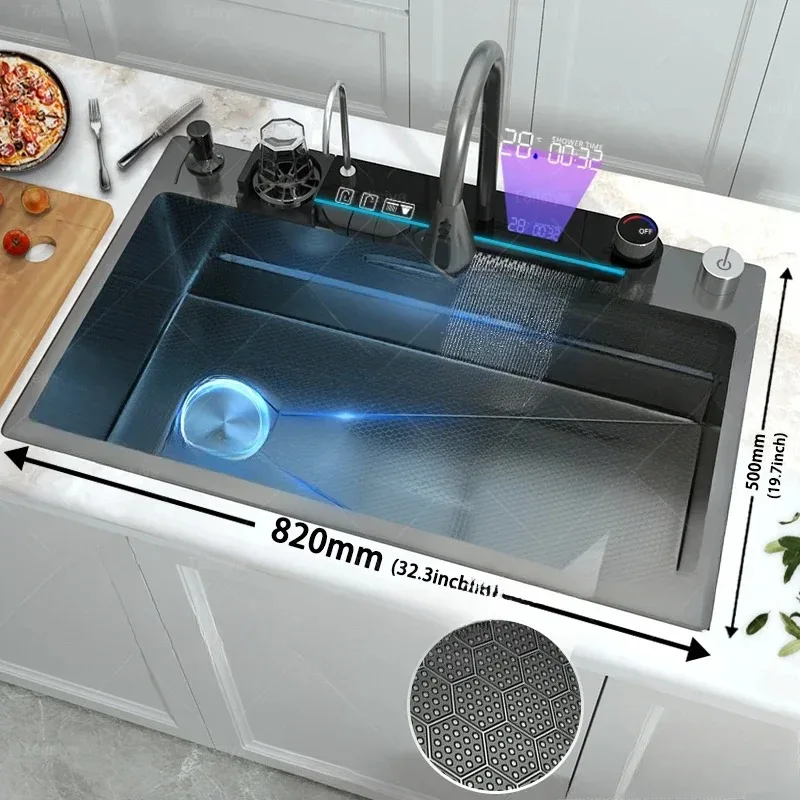 

Кухонная мойка из нержавеющей стали с водопадом, многофункциональная большая раковина для мытья посуды с одним слотом и тиснением для овощей